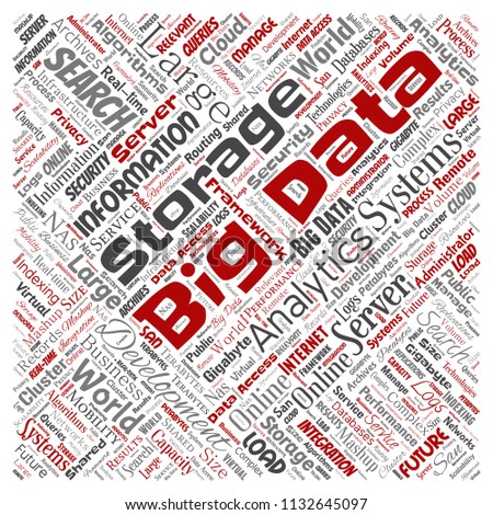Vector conceptual big data large size storage systems square red word cloud isolated background. Collage of search analytics world information, nas development, future internet mobility concept