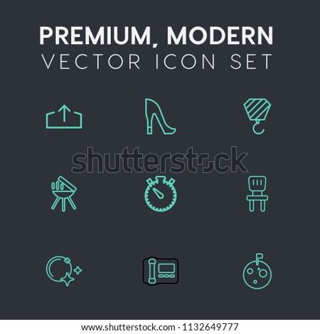 Modern, simple vector icon set on dark grey background with web, moon, home, high, elegant, construction, woman, room, flag, astronaut, technology, planet, night, heel, watch, star, phone, style icons