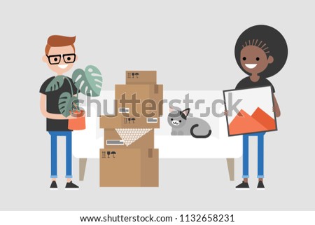 Young interracial couple moving to a new apartment. Relocation. Mortgage. Flat editable vector illustration, clip art