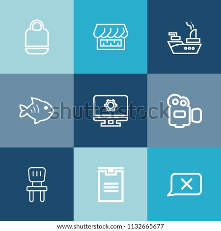 Modern, simple vector icon set on colorful blue backgrounds with setting, shop, style, transport, front, ocean, comfortable, leather, computer, interior, fish, ship, store, shipping, handle, war icons