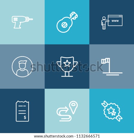 Modern, simple vector icon set on colorful blue backgrounds with finance, financial, work, ocean, tool, guitar, blue, prize, decorative, power, baja, male, route, electric, hand, paper, repair icons