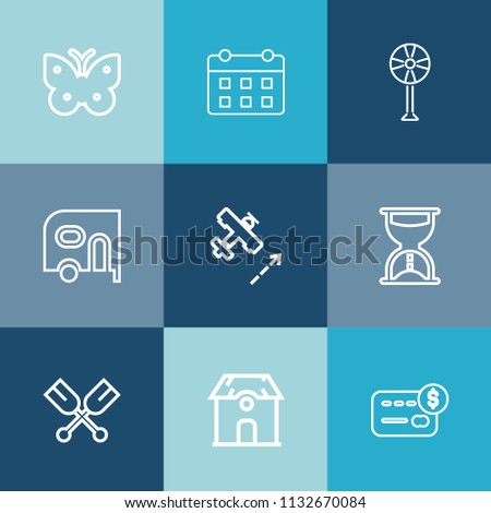 Modern, simple vector icon set on colorful blue backgrounds with credit, canoe, cooler, schedule, insect, clock, oar, sand, transportation, fan, home, van, ventilator, balance, time, collection icons