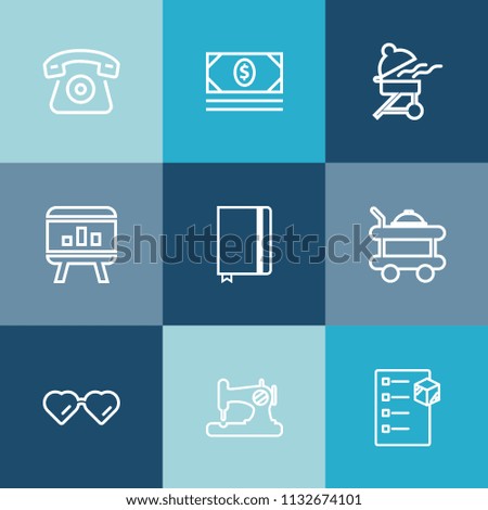 Modern, simple vector icon set on colorful blue backgrounds with meat, delivery, cell, checklist, glasses, telephone, bank, food, notebook, hotel, coin, cellphone, technology, currency, chart icons