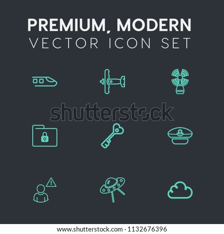 Modern, simple vector icon set on dark grey background with alarm, train, cloud, sea, sign, track, lighthouse, seamark, spaceship, folder, network, profile, rail, travel, lock, railway, plane icons