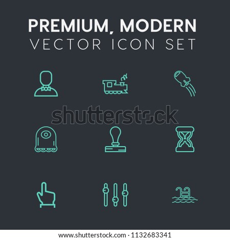 Modern, simple vector icon set on dark grey background with railroad, person, rocket, people, transport, equality, spaceship, pool, craft, male, cartoon, swimming, hour, timer, profile, stamp icons