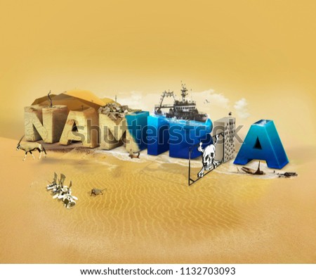 Travel concept with photos collage wild african places. Namibia - 3D text caption with tourist places.
