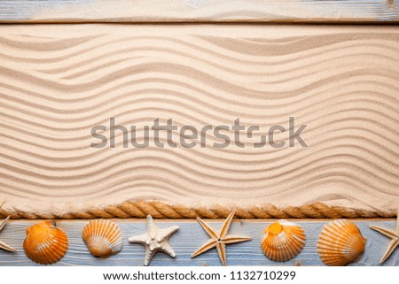 Summer beach background - hawser, shells, starfish and old wooden plank on sand 