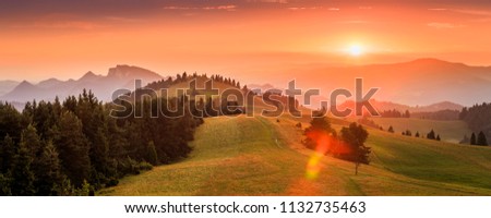 Mountains sunset panorama. Pieniny mountains in Poland