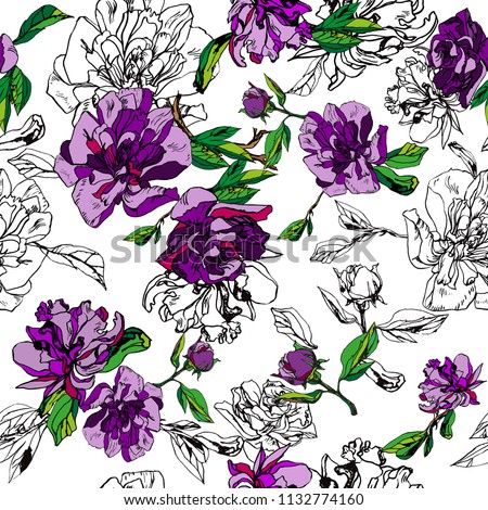 Vector flowers pattern seamless peony graphic  trendy color. Floral collage with effect layered