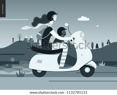 Girl on a scooter - flat black and white vector concept illustration of girl wearing helmet riding scooter, french bulldog on lap wearing small helmet, mountains - black and white background, nature