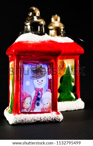 vintage red christmas lanterns with snowman and children picture