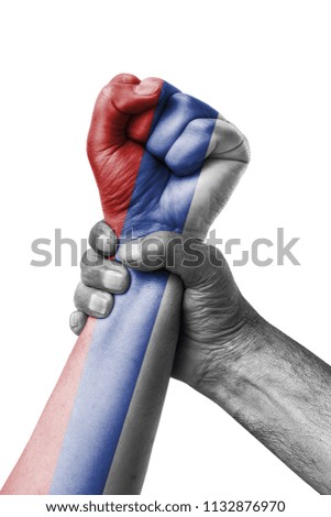Fist painted in colors of Russia flag, fist flag, country of Russia