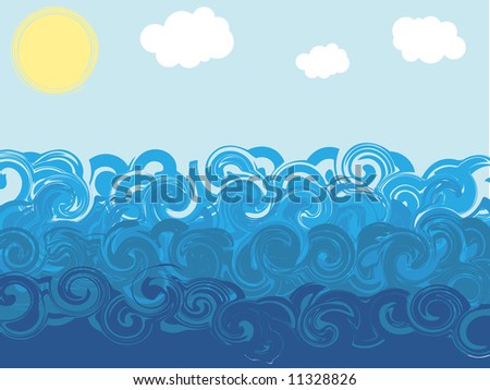 Sea waves, clouds and shining sun. Vector