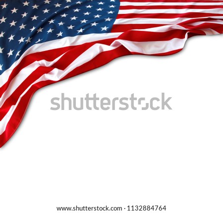Closeup of American flag on white background