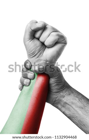 Fist painted in colors of Madagascar flag, fist flag, country of Madagascar