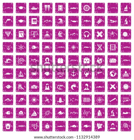 100 oceanologist icons set in grunge style pink color isolated on white background illustration