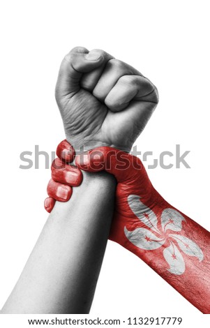 Fist painted in colors of Hong kong flag, fist flag, country of Hong kong