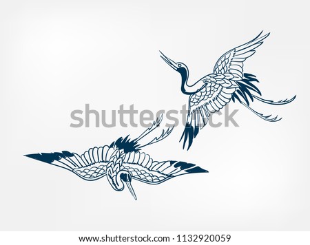 crane japanese vector sketch illustration engraved chinese Royalty-Free Stock Photo #1132920059