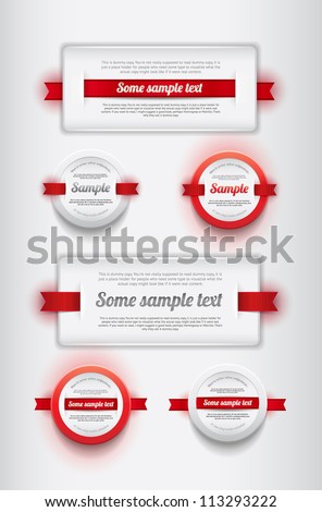 A collection of white vector plastic badges / banners with red ribbons