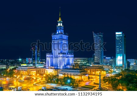 Warsaw city at night, Poland Royalty-Free Stock Photo #1132934195