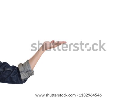 Empty hand with jeans shirt on white background.