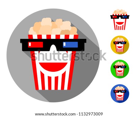 funny symbol of the cinema, comedy, film screening and films. popcorn in glasses for 3d (with a smile, hair and beard effects) .logo, sign, emblem, icon