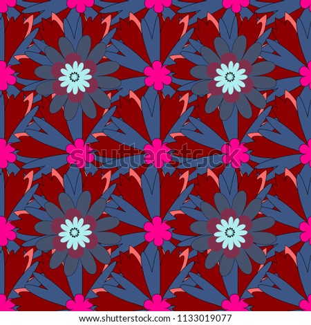 Floral seamless blue, red and magenta background for textile, book covers, manufacturing, wallpapers, print, gift wrap. Liberty style. Simple cute vector pattern in small-scale flowers. Millefleurs.