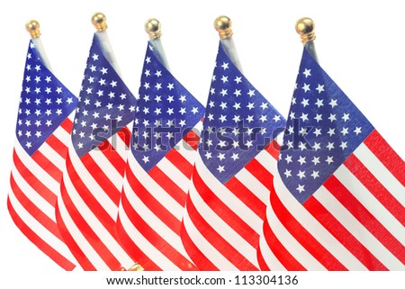 United States of America flags hanging on the gold flagpole,Isolated on the white background