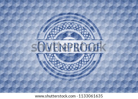 Ovenproof blue emblem with geometric pattern.