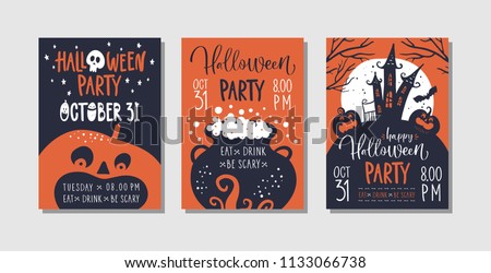 Vector set of Halloween party invitations or greeting cards with handwritten calligraphy and traditional symbols. Royalty-Free Stock Photo #1133066738