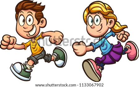 Cute cartoon running boy and girl. Vector clip art illustration with simple gradients. Each on a separate layer. 