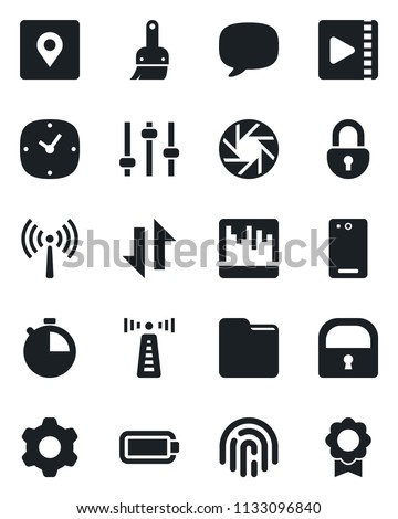 Set of vector isolated black icon - antenna vector, phone back, message, mobile camera, settings, tuning, themes, clock, stopwatch, scanner, folder, data exchange, place tag, lock, fingerprint id
