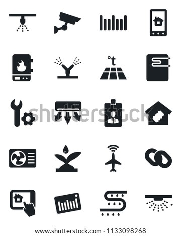 Set of vector isolated black icon - plane radar vector, identity card, drip irrigation, barcode, chain, root setup, smart home, water heater, air conditioner, control app, warm floor, surveillance