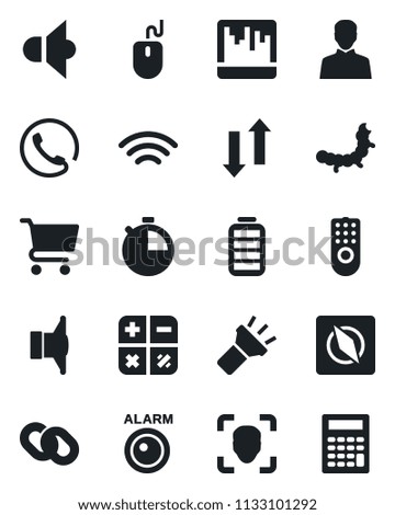 Set of vector isolated black icon - calculator vector, mouse, caterpillar, speaker, chain, battery, user, stopwatch, scanner, data exchange, wireless, torch, compass, face id, phone, remote control