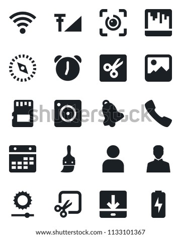 Set of vector isolated black icon - call vector, mobile camera, gallery, themes, user, alarm, bell, scanner, sd, calendar, download, wireless, brightness, cut, compass, eye id, cellular signal