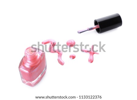 Open bottle of nail polish on white background
