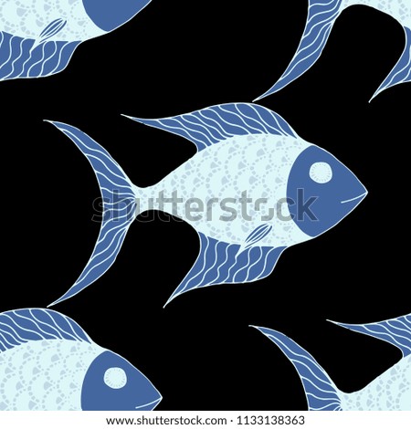 Tropical Fish. Seamless Pattern with Colorful Fish Hand Drawn in Primitive Style. Sea Pattern for Paper, Fabric, Print. Bright Simple Texture in Trendy Colors. Vector Illustration.