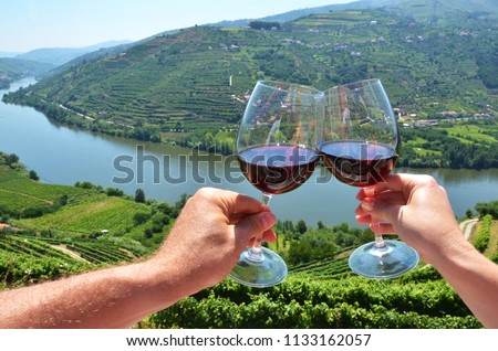 Wine glasses against vineyards in Douro Valley, Portugal Royalty-Free Stock Photo #1133162057