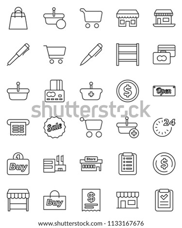 thin line vector icon set - pen vector, dollar coin, cart, credit card, office, shelving, sale, open, 24 hour, shopping bag, market, store, mall, buy, receipt, basket, list