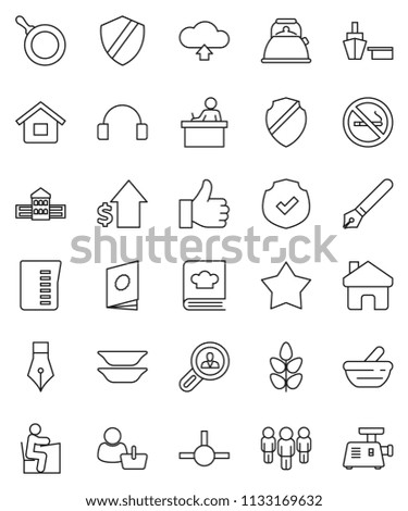 thin line vector icon set - pan vector, kettle, measuring cup, cookbook, plates, pen, school building, student, dollar growth, man, cereals, no smoking, port, protected, headphones, finger up, home