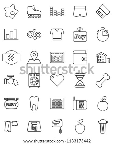 thin line vector icon set - water tap vector, splotch, drying clothes, washer, apple fruit, schedule, graph, wallet, stopwatch, shorts, t shirt, roller Skates, bone, map pin, weight, equalizer, buy