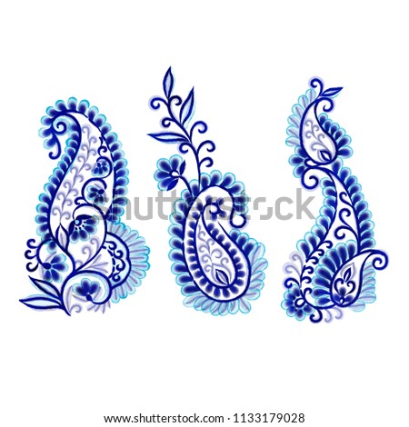 
Set of blue paisley elements on white background, watercolor illustration