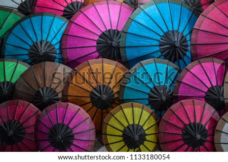 Colorful Lao cloth umbrellas sold at Luang Prabang night market