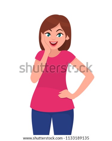 Amazed or surprised pretty young woman facial expression. Vector illustration in cartoon style.