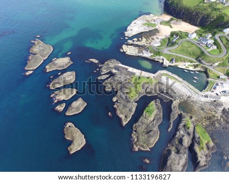 aerial shot of Ballintoy harbour