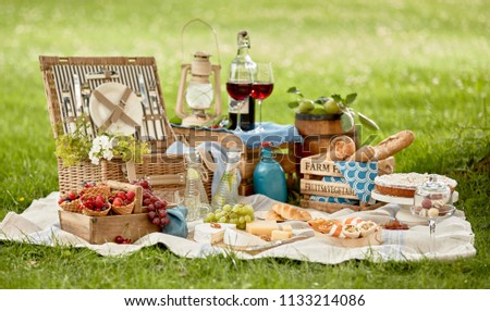 Blanket with picnic food set on green grass in garden