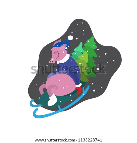 a pig is riding a sled