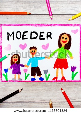 Colorful drawing -  Dutch Mother's Day card with word: Mother