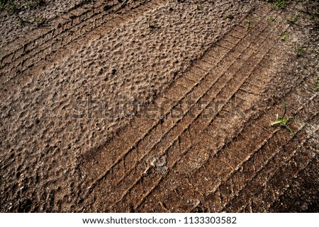 Tyre track on dirt sand or mud, Picture in retro or grunge tone. Car drive on sand. off road track. Track near grass