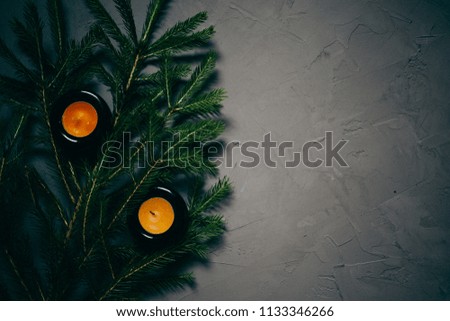 fir branch, and two candles on dark background, copy space